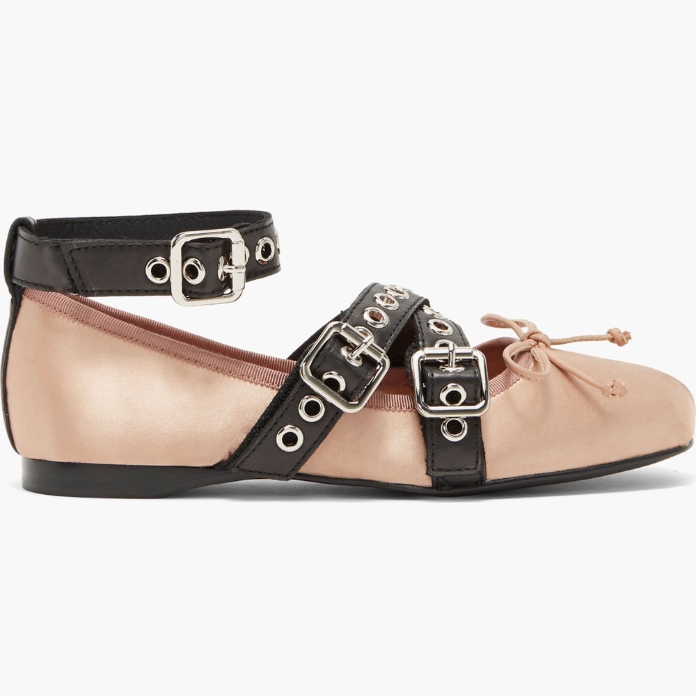 Jeffrey Campbell Choreo ballet flats in pink satin with black buckled straps. - Picture 2 of 16